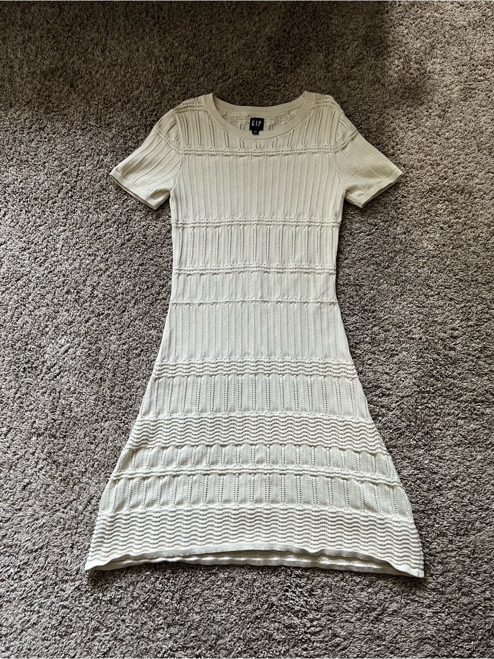 Cream Pointelle Knit Crochet Mini Sweater Dress GAP Beige Cottage Core Boho XS